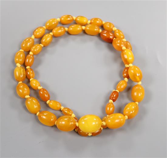 A single strand graduated oval amber bead necklace, gross weight 47 grams, 69cm.